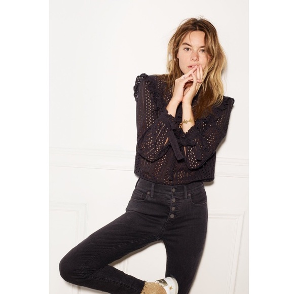 eyelet mockneck ruffle top